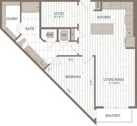 Floor plan for 1 bed, 1.5 baths, 924 sqft